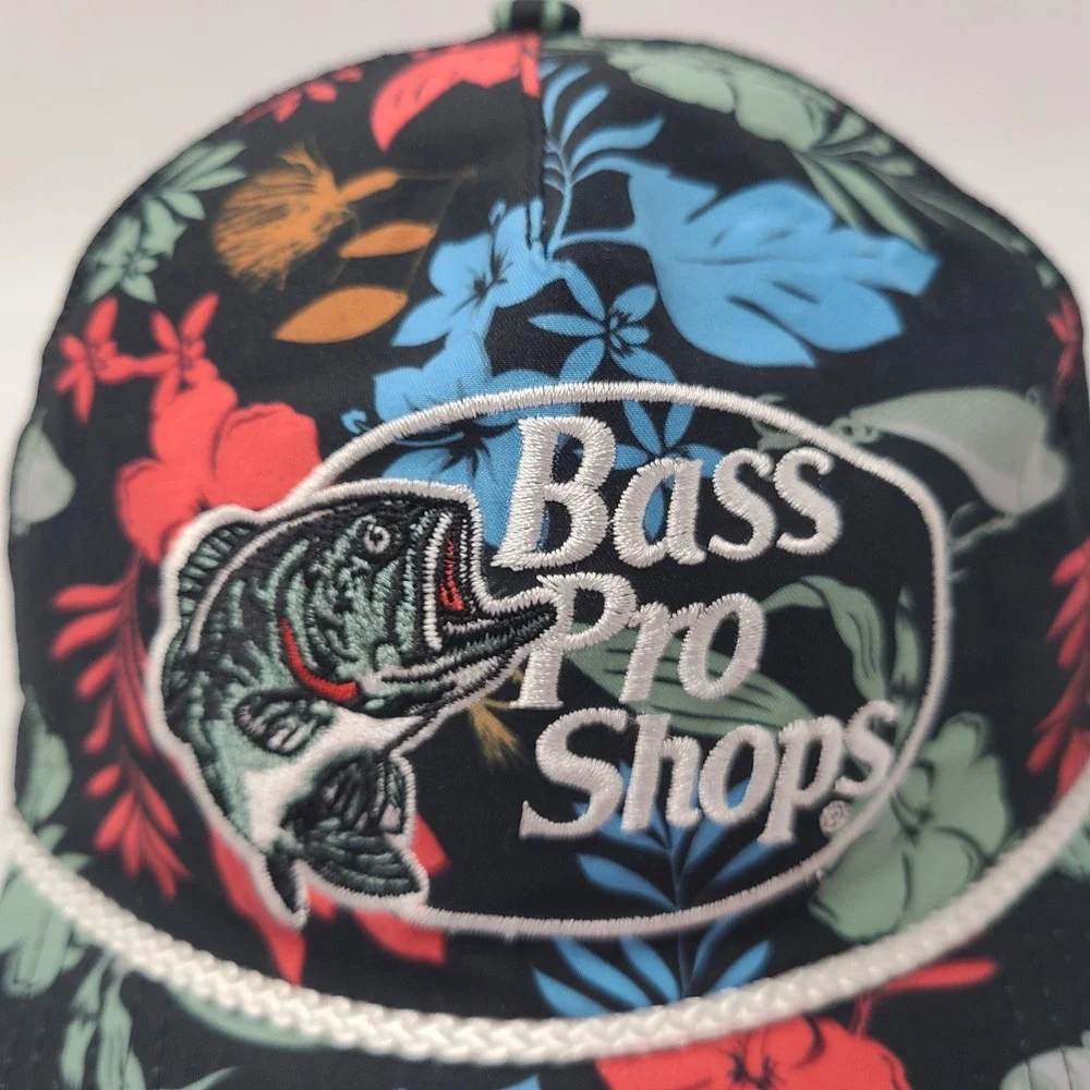 Bass Pro Shops Hat Snapback Trucker Mesh Black Floral Rope Tropical Fish Outdoor